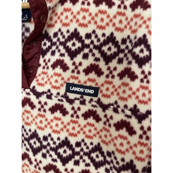 Lands End Heritage Quarter Snap Fleece Pullover Large Burgundy Orange Fair Isle - Picture 4 of 5